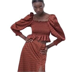 Zara Satin Glam Smocked Polka Dot Puff Sleeve Blouse -‎ S EUC